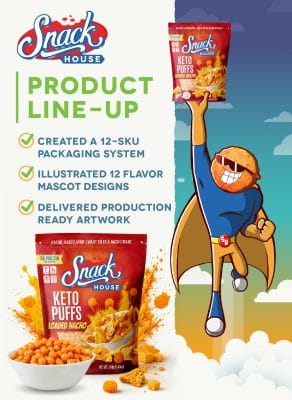 Snack House keto snacks portfolio overview featuring custom packaging design, Puffman mascot illustration, product photography, and production-ready retail packaging artwork.