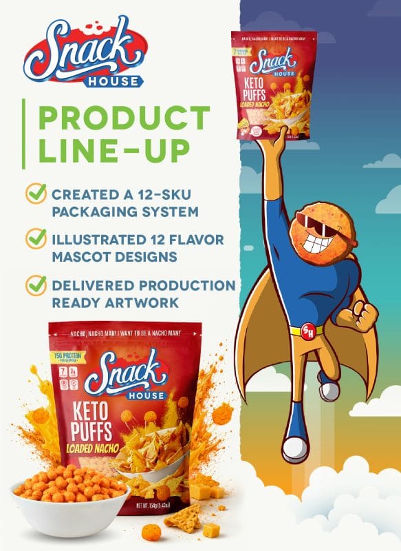 Snack House keto snacks portfolio overview featuring custom packaging design, Puffman mascot illustration, product photography, and production-ready retail packaging artwork.