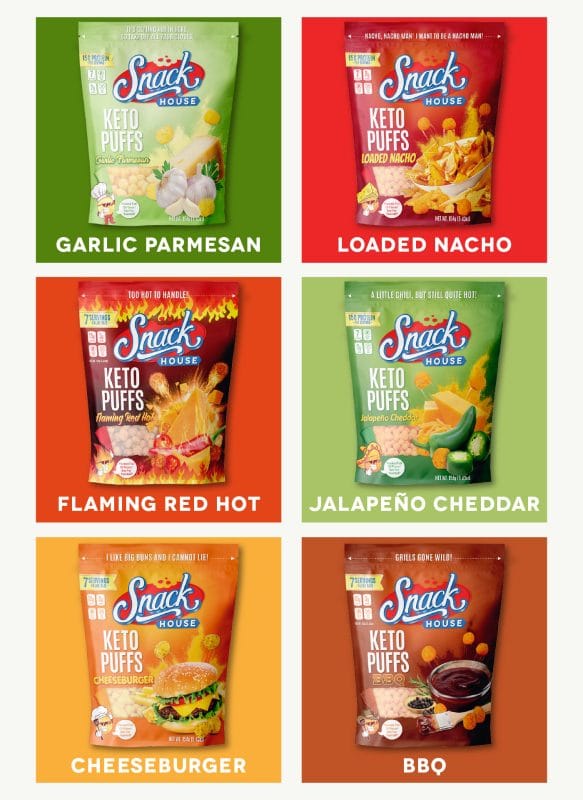 Collection of six Snack House Keto Puffs package designs including Garlic Parmesan, Loaded Nacho, Flaming Red Hot, Jalapeño Cheddar, Cheeseburger, and BBQ flavors.