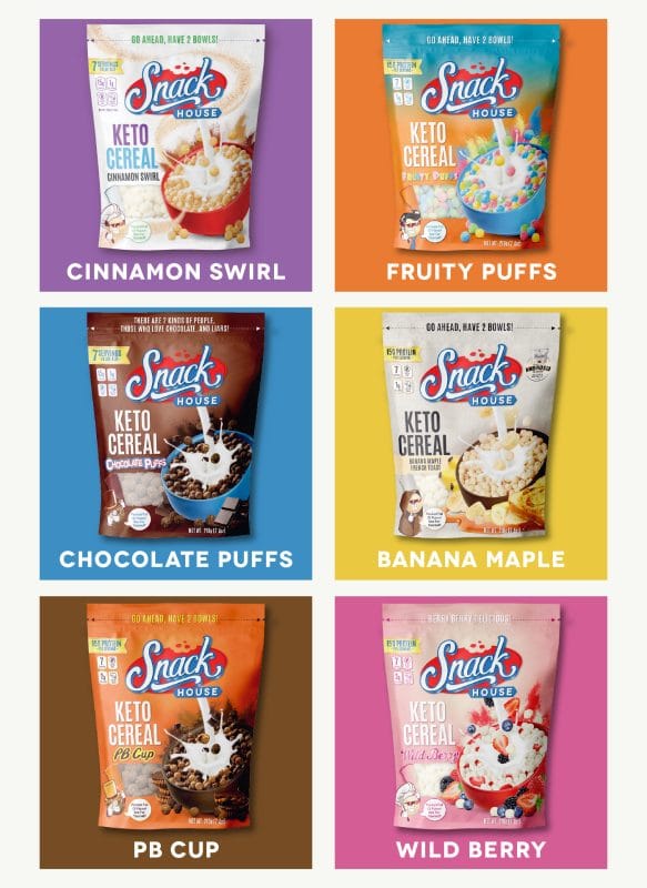 Collection of six Snack House Keto Cereal package designs featuring Cinnamon Swirl, Fruity Puffs, Chocolate Puffs, Banana Maple, PB Cup, and Wild Berry flavors.