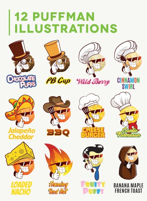 Twelve custom Puffman mascot illustrations created for Snack House packaging, each representing a unique keto snack and cereal flavor.