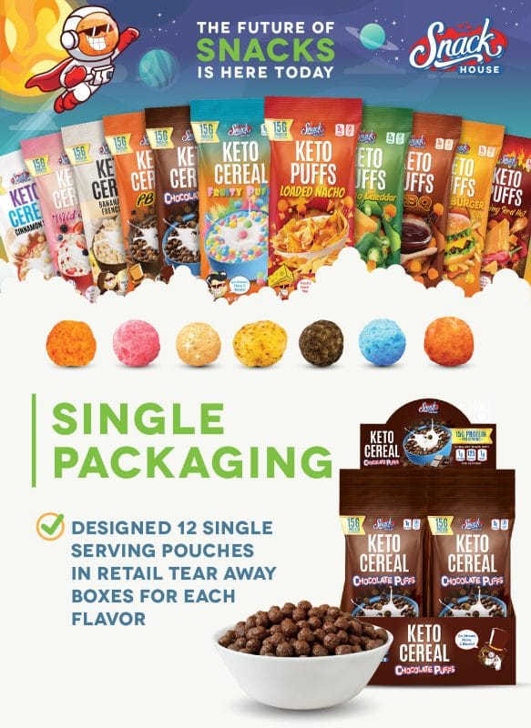 Snack House product line showcasing twelve keto snack and cereal flavors, custom mascots, single-serve pouches, and retail display packaging.
