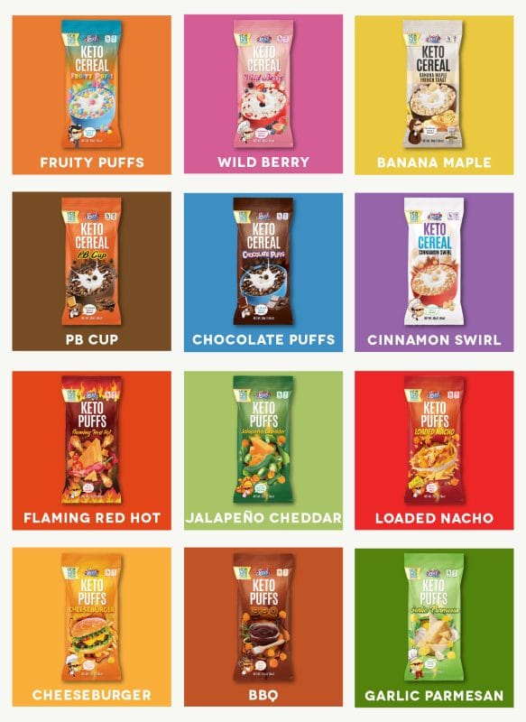 Grid of Snack House single-serve keto snack and cereal package designs featuring twelve flavors with consistent branding and flavor-specific artwork.