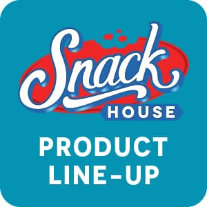 Snack House product line-up logo icon featuring bold blue and red branding with white text on a teal background.