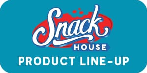 Snack House product line-up banner logo with blue and red branding and white text on a teal background.